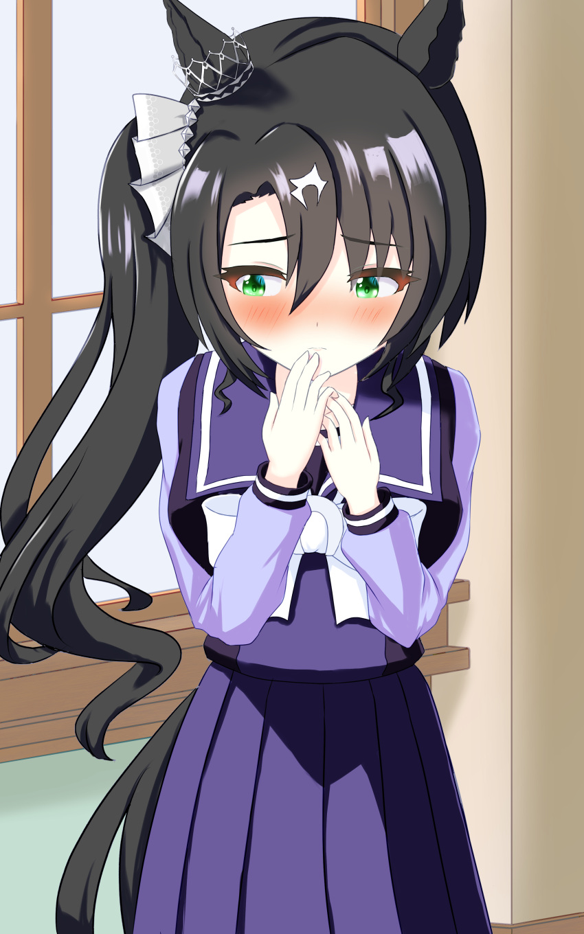1girl absurdres animal_ears black_hair blush breasts closed_mouth collarbone commentary_request embarrassed highres nagonago10 satono_crown_(umamusume) school_uniform side_ponytail solo tracen_school_uniform umamusume valentine window
