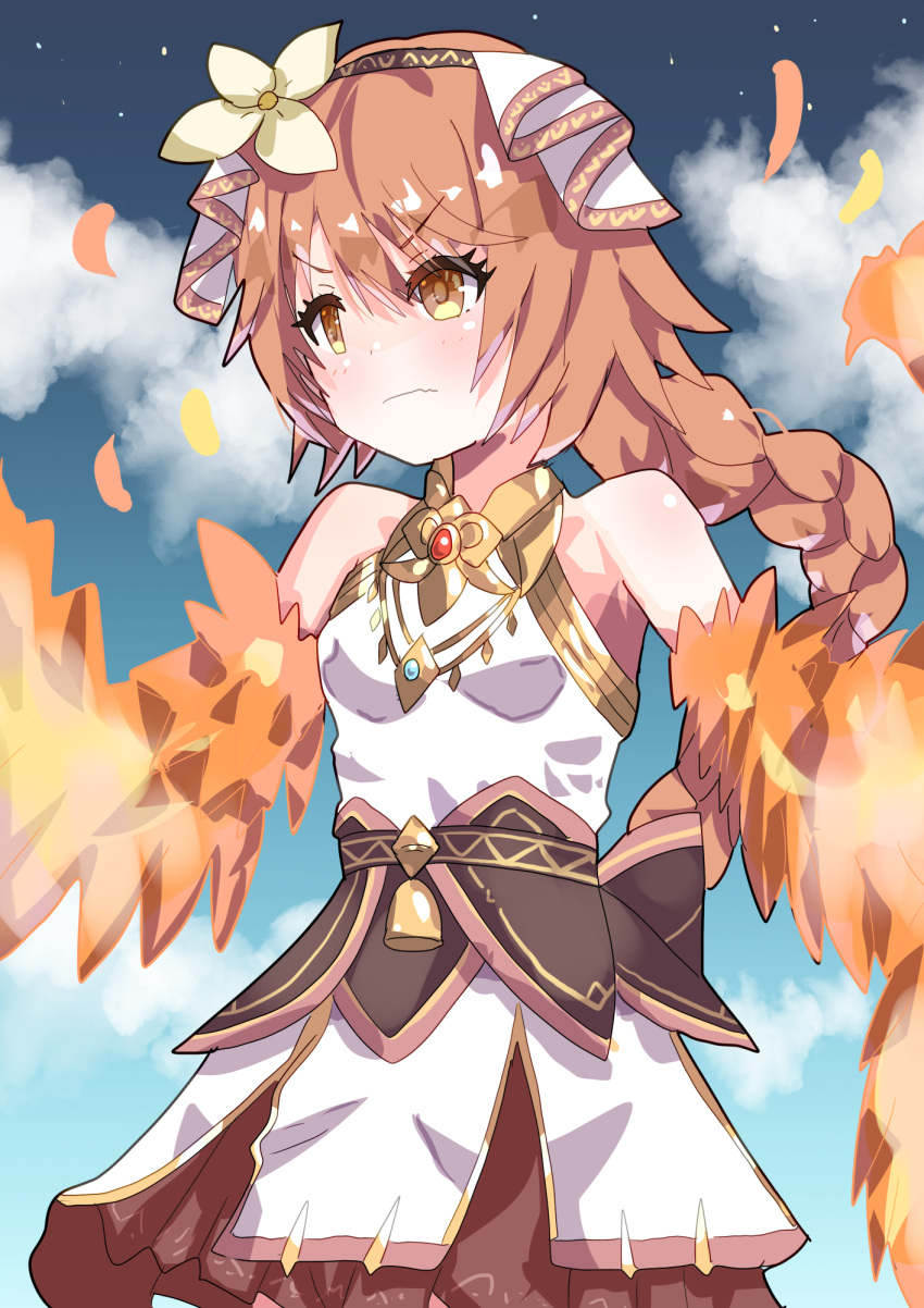 1girl armpits blush breasts brown_eyes brown_hair character_request closed_mouth clouds commentary_request feathers flower granblue_fantasy hair_ornament headband highres long_braid long_hair sleeveless small_breasts syalm wings