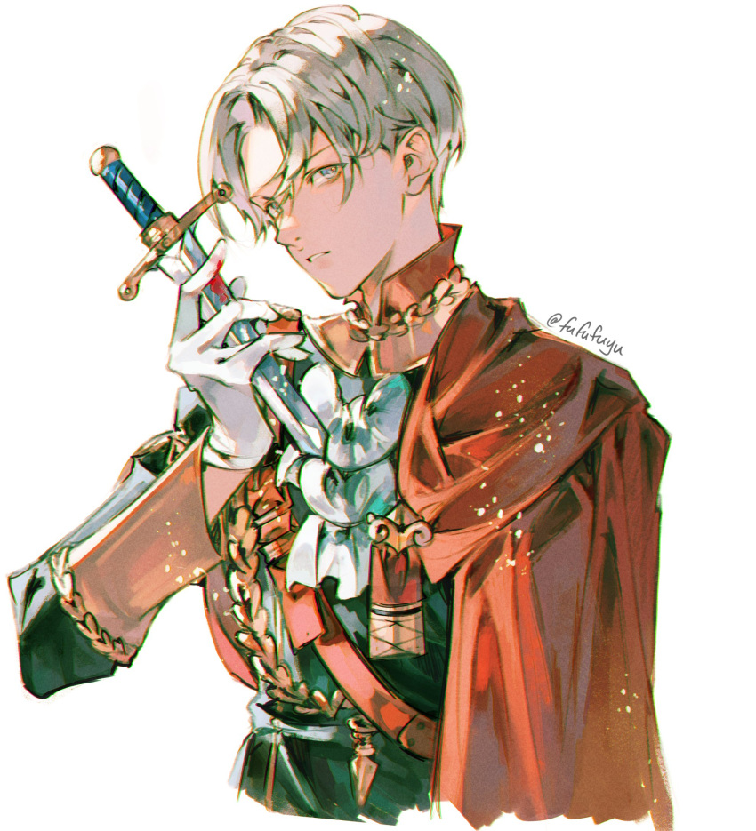 1boy ascot black_jacket blood blood_on_gloves blood_on_knife blue_eyes cloak dagger dimitri_alexandre_blaiddyd fire_emblem fire_emblem:_three_houses gloves gold_trim grey_hair highres holding holding_dagger holding_knife holding_weapon jacket knife looking_at_viewer male_focus military_jacket negi_(fufufuyu) parted_bangs parted_lips red_cloak short_hair solo twitter_username upper_body weapon white_ascot white_background white_gloves