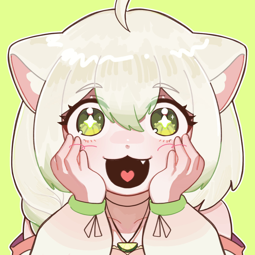 1girl :3 :d ahoge animal_ears bare_shoulders blush braid commentary fang ferret_ears ferret_girl food food-themed_necklace fruit gradient_hair green_background green_eyes green_hair hair_between_eyes hands_on_own_face hands_up heart heart_in_mouth highres jacket laimu_(vtuber) lime_(fruit) lime_necklace lime_slice long_sleeves looking_at_viewer multicolored_hair off_shoulder open_mouth sh4 simple_background smile solo straight-on upper_body vinesauce virtual_youtuber white_hair white_jacket