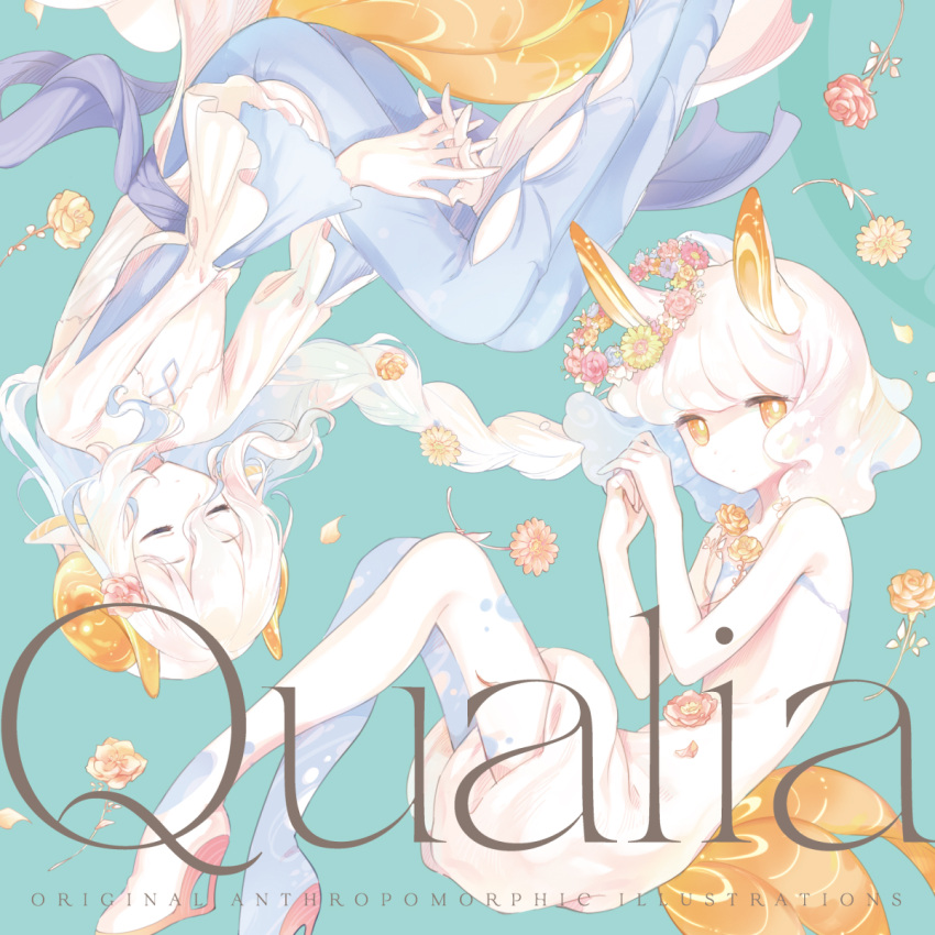 2girls animal_ears aqua_background bright_pupils closed_eyes closed_mouth curled_horns full_body hands_up high_heels highres horns kinutani_yutaka looking_at_viewer medium_hair multiple_girls orange_eyes orange_horns original own_hands_clasped own_hands_together sea_slug_girl simple_background tail white_hair white_pupils