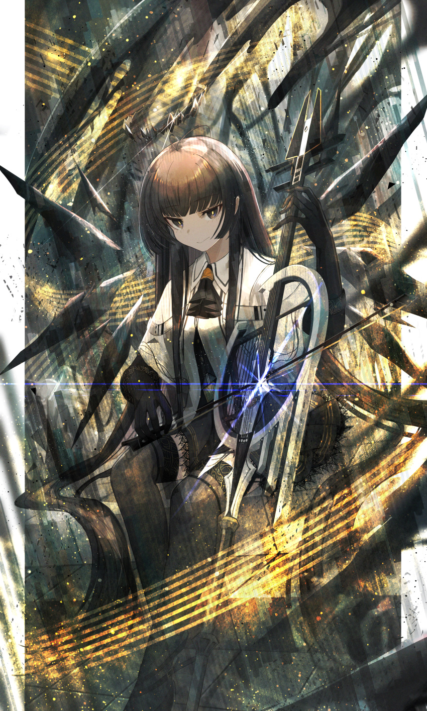 1girl a0_plnt absurdres antenna_hair arknights ascot belt belt_buckle black_ascot black_belt black_eyes black_footwear black_gloves black_hair black_halo black_skirt black_thighhighs black_wings blunt_bangs blurry blurry_background blurry_foreground bow_(music) broken_halo buckle bustier buttons cello closed_mouth collared_jacket commentary_request dark_halo depth_of_field detached_wings dutch_angle energy_wings foot_out_of_frame glint gloves hair_flowing_over halo hand_up highres hime_cut holding holding_bow_(music) holding_instrument instrument jacket knees lace-trimmed_skirt lace_trim layered_clothes layered_sleeves light_particles long_hair long_sleeves looking_at_viewer miniskirt mole mole_under_eye music originium_arts_(arknights) outside_border pillarboxed playing_instrument pleated_skirt short-sleeved_jacket short_over_long_sleeves short_sleeves sidelocks sitting skirt smile solo staff_(music) straight_hair thigh-highs tile_floor tiles very_long_hair virtuosa_(arknights) white_jacket wide_sleeves wing_collar wings yellow_pupils zettai_ryouiki