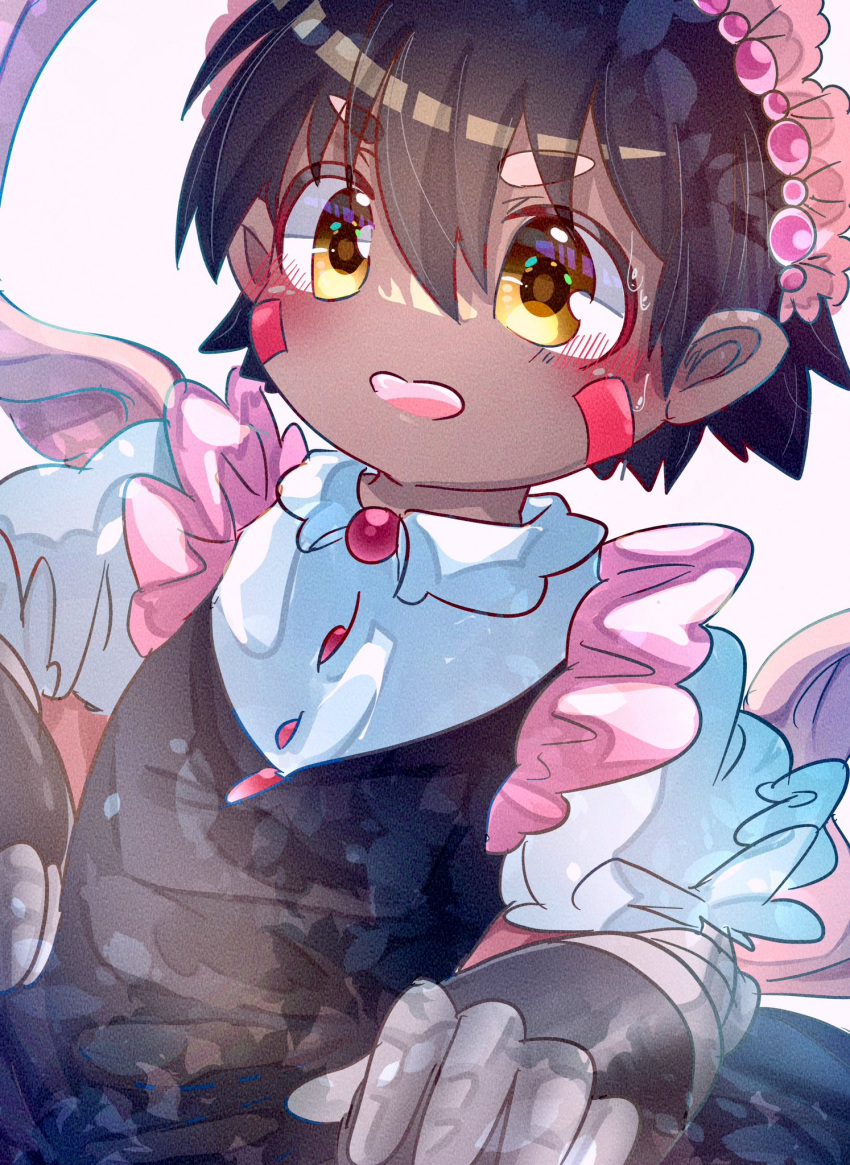 1boy amin_(310732) apron blush brown_eyes brown_hair child dark-skinned_male dark_skin facial_mark fake_horns feminization hair_between_eyes headband highres horns made_in_abyss maid maid_apron maid_headdress male_focus mechanical_arms mechanical_hands multicolored_clothes open_mouth pink_headband pointy_ears red_button regu_(made_in_abyss) robot shirt solo two-tone_eyes v-shaped_eyebrows white_background white_shirt yellow_eyes