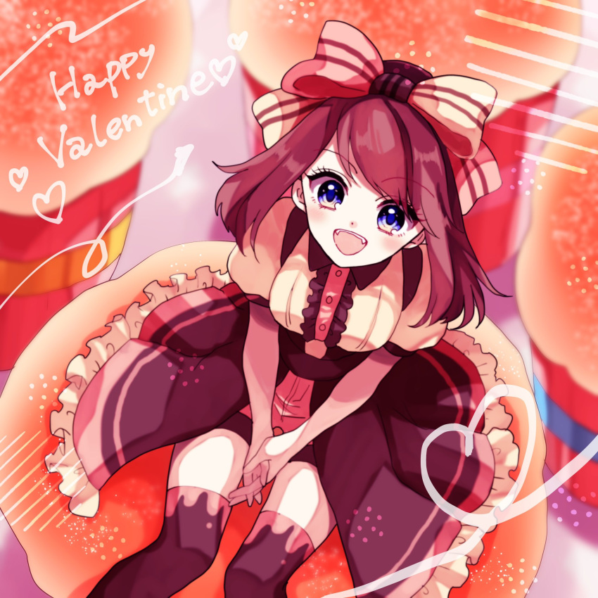 1girl :d alternate_costume blue_eyes bow brown_hair commentary_request dress fangs hair_bow happy_valentine hibikileon highres looking_at_viewer looking_up may_(pokemon) open_mouth own_hands_together pokemon pokemon_adventures puffy_short_sleeves puffy_sleeves short_sleeves sitting smile solo striped_bow teeth thigh-highs upper_teeth_only