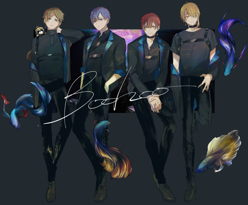 4boys aho_no_sakata animal_on_shoulder arm_at_side black_background black_choker black_footwear black_jacket black_pants black_shirt blonde_hair brown_hair chest_harness choker closed_mouth collared_shirt cross-laced_footwear earrings fish green_eyes hair_between_eyes hair_over_one_eye hand_in_pocket hand_on_own_hip hand_on_own_neck hand_up harness hassan_(sink916) highres invisible_chair jacket jewelry lapels leaning_on_object long_sleeves looking_at_viewer male_focus mole mole_under_eye multiple_boys notched_lapels o-ring o-ring_choker off_shoulder official_art open_clothes open_collar open_jacket own_hands_together pants parted_bangs parted_lips purple_hair raccoon red_eyes redhead senra_(utaite) shima_(utaite) shirt shoes short_hair short_sleeves siamese_fighting_fish single_earring single_sidelock sitting sky sleeves_rolled_up smile song_name standing star_(sky) starry_sky swept_bangs t-shirt tassel tassel_earrings turtleneck urashimasakatasen uratanuki utaite v_arms violet_eyes yamadanuki yellow_eyes zipper_pull_tab
