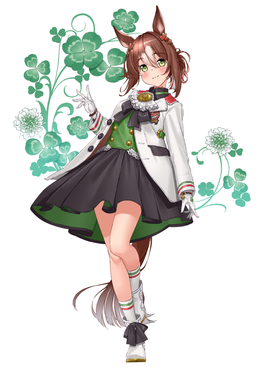 1girl absurdres animal_ears ankle_boots black_skirt blush boots brown_hair buttons clover clover_hair_ornament commentary dated double-breasted fine_motion_(umamusume) full_body gloves green_eyes hair_between_eyes hair_bun hair_ornament hair_ribbon highres horse_ears horse_girl horse_tail jacket kneehighs looking_at_viewer multicolored_hair ribbon sagoromo_04 signature single_hair_bun skirt smile socks solo tail trimmed_tail two-tone_hair umamusume white_footwear white_gloves white_hair white_jacket white_socks