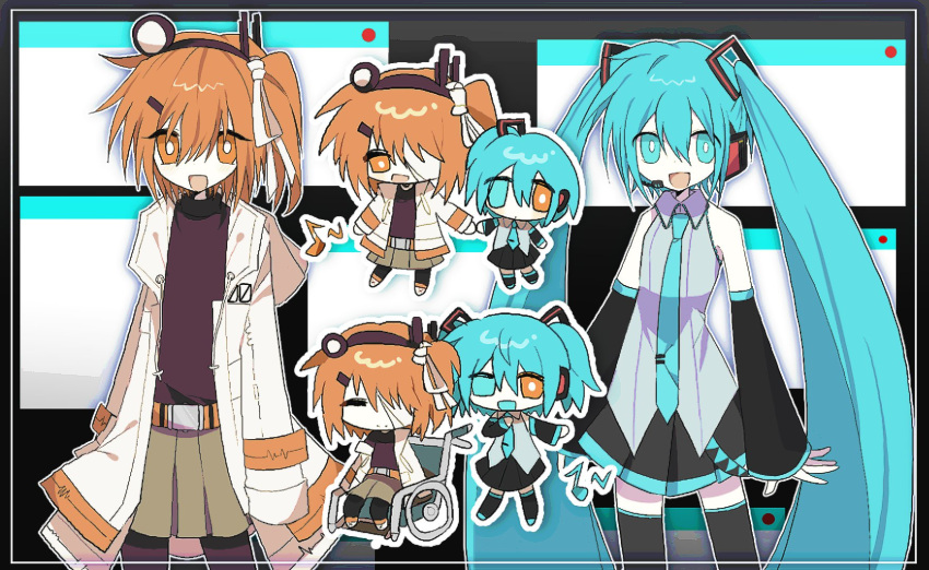 0001_(vocaloid) 2girls a.i._voice adachi_rei age_progression alternate_eye_color alternate_hairstyle anze_(cafyj8) bandage_over_one_eye black_background black_skirt black_sleeves black_thighhighs blue_eyes brown_skirt chibi chibi_inset commentary detached_sleeves grey_shirt hair_ornament hairclip hand_on_own_chest hatsune_miku headlamp heterochromia highres hood hood_down hooded_jacket inset_border jacket long_hair looking_at_viewer matching_hairstyle miniskirt missing_eye multiple_girls multiple_views music musical_note one_side_up open_clothes open_jacket open_mouth orange_eyes outline pantyhose pleated_skirt radio_antenna red_pantyhose red_shirt ribbon shirt singing sitting skirt sleeveless sleeveless_shirt smile thigh-highs twintails two_side_up utau very_long_hair vocaloid wheelchair white_jacket white_outline white_ribbon window_(computing)