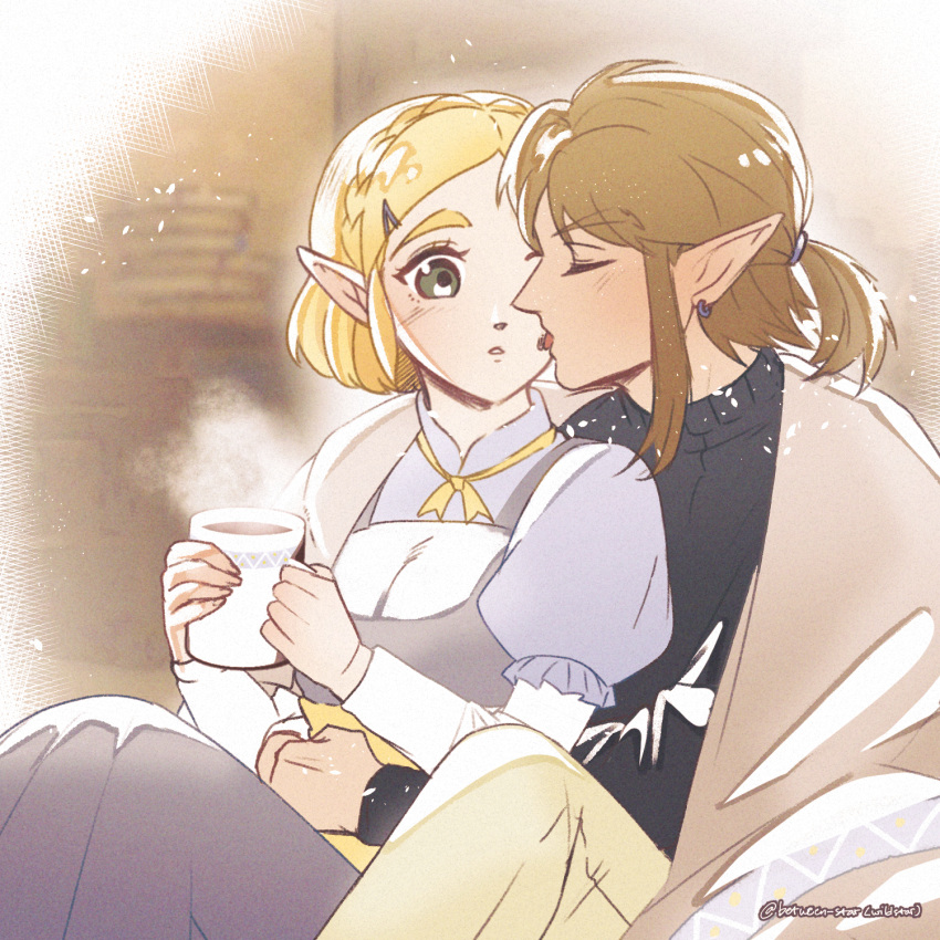 1boy 1girl black_sweater blonde_hair braid brown_hair closed_eyes crown_braid cup earrings green_eyes highres holding holding_cup hug jewelry licking licking_another's_face link parted_lips pointy_ears princess_zelda shared_blanket short_hair short_ponytail sidelocks sweater the_legend_of_zelda the_legend_of_zelda:_tears_of_the_kingdom wildstar69