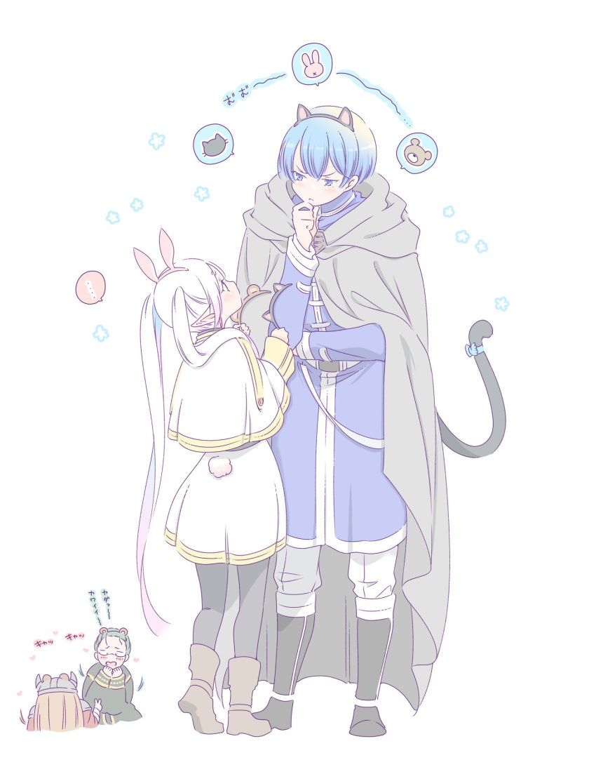 1girl 3boys animal_ear_hairband animal_ears black_pantyhose blue_eyes blue_hair blue_jacket boots brown_footwear brown_hair cape capelet cat_ears cat_tail dress eisen_(sousou_no_frieren) elf fake_animal_ears frieren green_robe grey_cape hairband hand_on_own_chin heiter helmet highres himmel_(sousou_no_frieren) jacket long_hair long_sleeves looking_at_another multiple_boys pantyhose pointy_ears rabbit_ears robe sachinyopo short_hair simple_background sousou_no_frieren tail translation_request twintails very_long_hair white_background white_capelet white_dress white_hair
