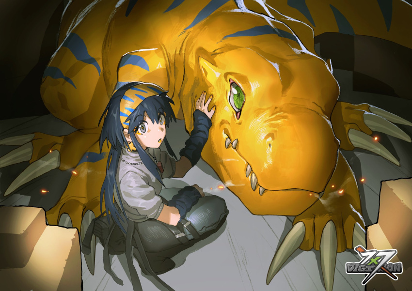 agumon agumon_x-antibody all_fours ambiguous_gender animal_ears arm_warmers black_footwear black_skirt blue_arm_warmers blue_hair blue_stripes bly_mead claws colored_skin concrete cross cross_earrings denim digimon digimon_(creature) dinosaur earrings embers fangs fingernails gold_earrings green_eyes grey_eyes grey_shirt hand_on_another's_face headband highres indoors jeans jewelry logo long_hair looking_at_viewer monster nail_polish necklace orange_headband orange_lips orange_skin pants shirt sidelocks size_difference skirt slit_pupils squatting striped_headband striped_skin yellow_nails yellow_skin