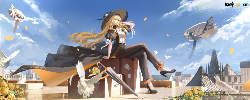1girl 3d_background absurdres alternate_costume artist_name ascot bird black_choker black_coat black_hat black_pants black_umbrella blonde_hair blue_eyes blue_sky choker coat copyright_name crossed_legs day dove drill_hair earrings floating_hair flower from_side full_body genshin_impact hand_up hat hat_flower high_heels highres incredibly_absurdres jewelry looking_afar looking_up navia_(genshin_impact) on_rooftop on_suitcase pants puffy_short_sleeves puffy_sleeves shirt short_sleeves sitting sky solo umbrella user_gtpd5887 white_ascot white_shirt wide_shot wind wind_lift
