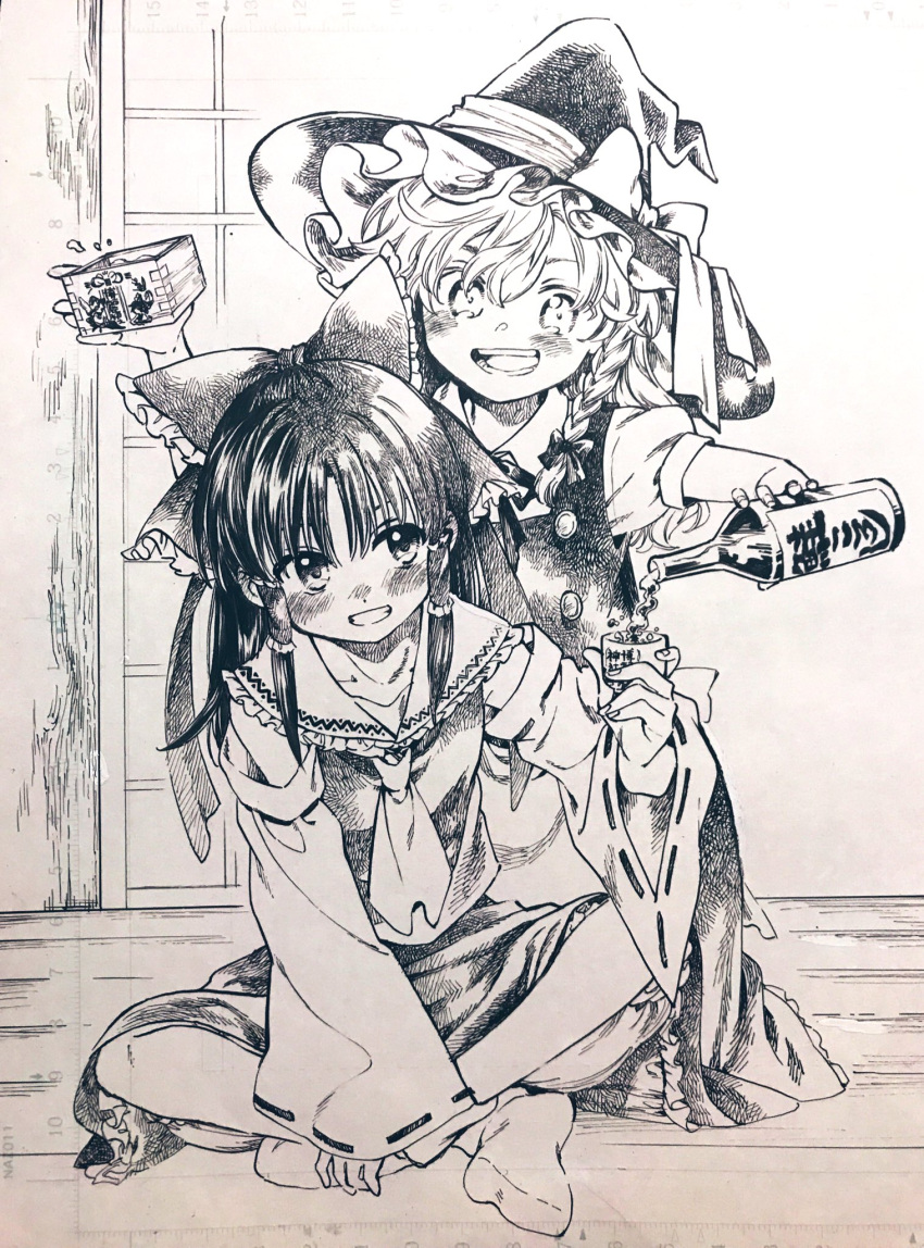 2girls alcohol ascot back_bow bare_shoulders bottle bow braid buttons choko_(cup) collar collarbone collared_shirt collared_vest commentary_request crossed_legs cup detached_sleeves frilled_bow frilled_collar frilled_hair_tubes frilled_hat frilled_skirt frills full_body greyscale grin hair_bow hair_tubes hakurei_reimu hand_on_own_foot hat hat_bow highres holding holding_bottle holding_cup kirisame_marisa kneeling light_blush long_hair long_sleeves medium_skirt monochrome multiple_girls no+bi= parted_bangs ponytail pouring puffy_short_sleeves puffy_sleeves ribbon-trimmed_sleeves ribbon_trim sake sake_bottle shirt short_sleeves single_braid sitting skirt skirt_set smile tabi touhou traditional_media veranda vest wide_sleeves witch_hat wooden_floor