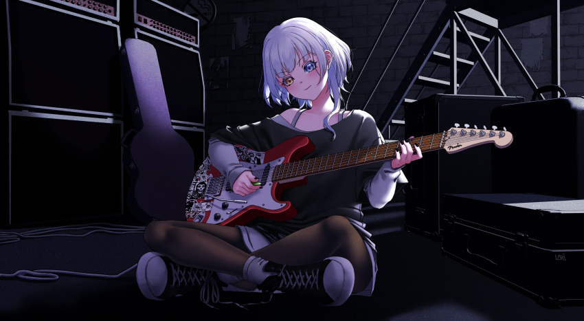 1girl absurdres amplifier bang_dream! bang_dream!_it's_mygo!!!!! black_footwear black_pantyhose black_shirt blue_eyes bra_strap closed_mouth commentary converse crossed_legs electric_guitar english_commentary full_body guitar guitar_case heterochromia highres holding holding_guitar holding_instrument holding_plectrum ichi_(bttrfl1es) indoors instrument instrument_case kaname_raana layered_sleeves long_hair long_sleeves pantyhose playing_guitar plectrum shirt shoes short_over_long_sleeves short_sleeves sitting smile sneakers solo white_hair yellow_eyes
