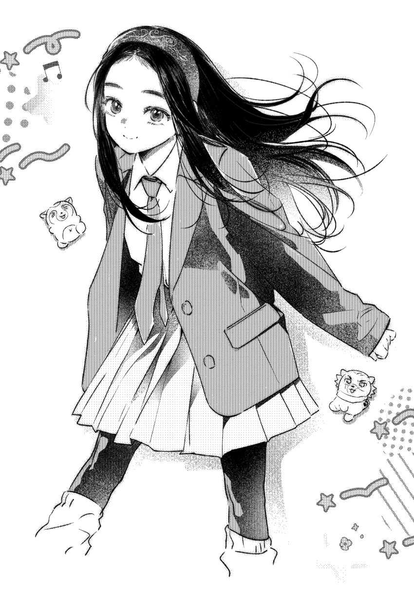 1girl alternate_costume animal asirpa closed_mouth collared_shirt cropped_legs floating_hair golden_kamuy greyscale hairband highres jacket long_hair long_sleeves looking_at_viewer loose_socks monochrome musical_note necktie noeardog open_clothes open_jacket pleated_skirt shirt skirt sleeves_past_wrists smile socks solo star_(symbol)