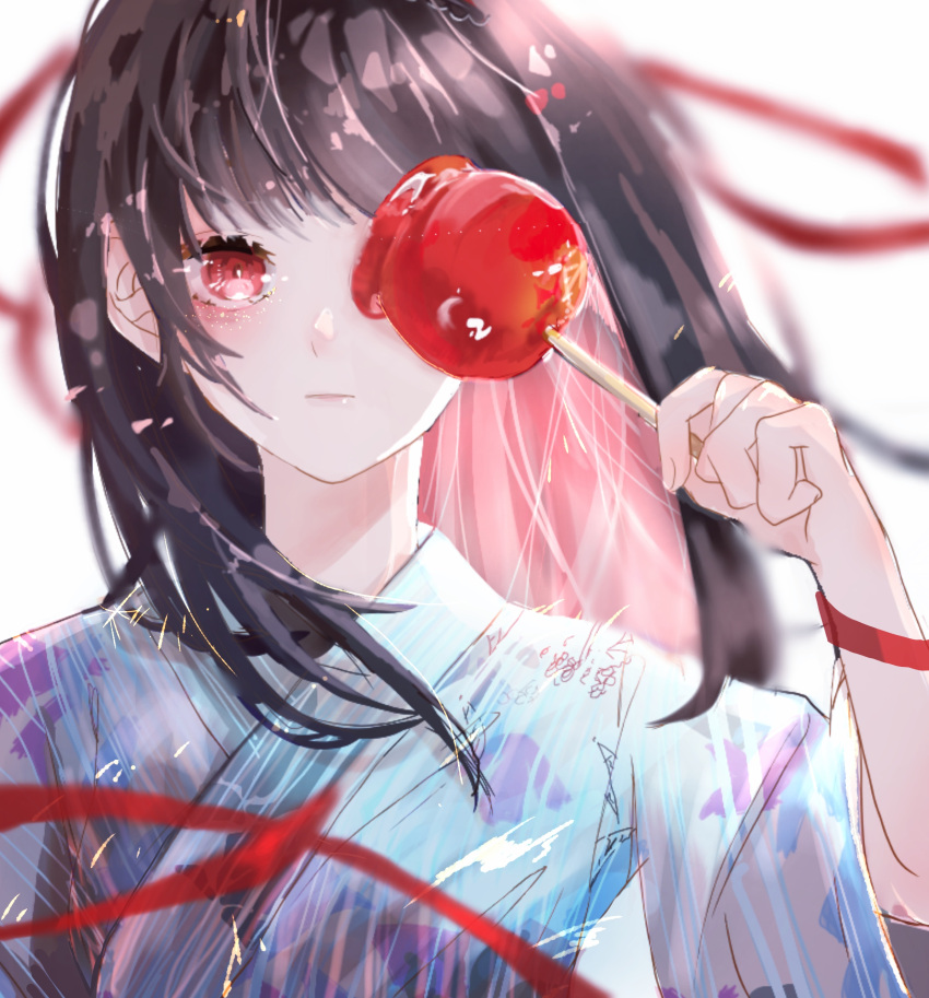 1girl absurdres black_hair blue_kimono blurry blurry_background candy_apple closed_mouth expressionless food highres holding holding_food japanese_clothes kimono long_hair looking_at_viewer miz_(elle) one_eye_covered original red_eyes red_ribbon ribbon summer_festival upper_body white_background yukata