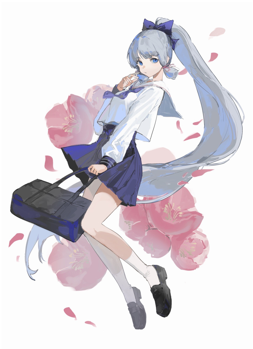1girl aco_gbfg bag black_footwear blue_bow blue_eyes blue_hair bow closed_mouth collared_shirt falling_petals finger_to_cheek floral_background flower full_body genshin_impact hair_bow high_ponytail highres holding holding_bag kamisato_ayaka kamisato_ayaka_(heytea) loafers long_hair long_sleeves looking_at_viewer official_alternate_costume petals pink_flower ponytail sailor_collar school_bag school_uniform shirt shoes sidelocks simple_background skirt socks solo very_long_hair white_sailor_collar white_shirt white_socks