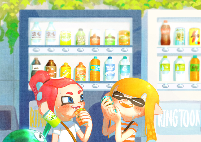 2girls :d absurdres artist_name blonde_hair blue_eyes blunt_bangs blush can can_to_cheek closed_eyes commentary_request drink_can fangs happy high_ponytail highres holding holding_can inkling inkling_girl inkling_player_character jellyfish_(splatoon) long_hair looking_at_another multiple_girls octoling octoling_girl octoling_player_character open_mouth outdoors pointy_ears ponytail redhead ringtoon_e shirt shoulder_strap smile splatoon_(series) striped_clothes striped_shirt suction_cups sweat tentacle_hair upper_body vending_machine white_shirt