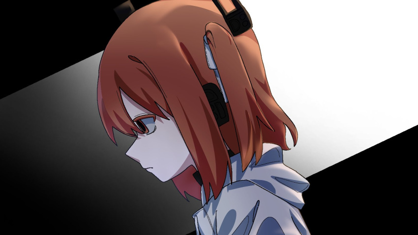 1girl a.i._voice adachi_rei cho_(cho_utu00) closed_mouth commentary_request from_side hair_ribbon highres hood hood_down hooded_jacket jacket medium_hair one_side_up orange_eyes orange_hair profile ribbon solo utau white_jacket white_ribbon
