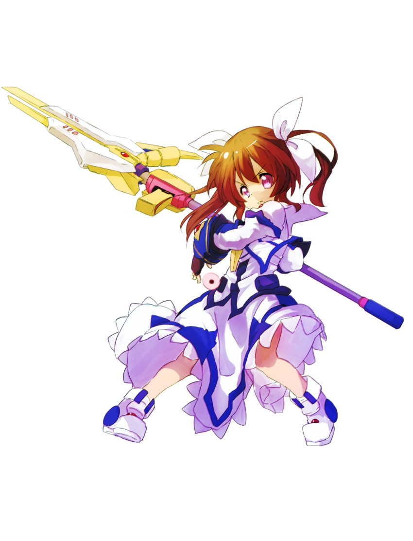 1girl brown_hair bygddd5 full_body highres holding holding_weapon jacket long_skirt lyrical_nanoha mahou_shoujo_lyrical_nanoha mahou_shoujo_lyrical_nanoha_a's mahou_shoujo_lyrical_nanoha_the_movie_2nd_a's raising_heart raising_heart_(bustercanon_mode) skirt solo takamachi_nanoha takamachi_nanoha_(sacred_mode)_(2nd) twintails violet_eyes weapon