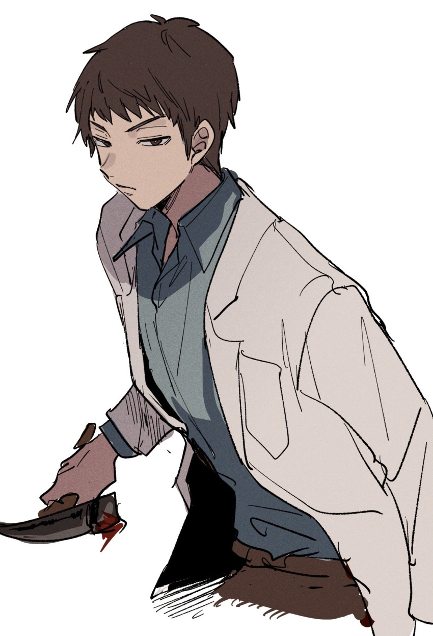1boy aoi_(yooo009) blue_shirt brown_eyes brown_hair closed_mouth collared_shirt cowboy_shot expressionless hammer highres holding holding_hammer holding_weapon jacket lab_coat long_sleeves looking_at_viewer male_focus miyata_shirou open_clothes open_jacket shirt short_hair simple_background siren_(series) siren_1 solo upper_body weapon white_background
