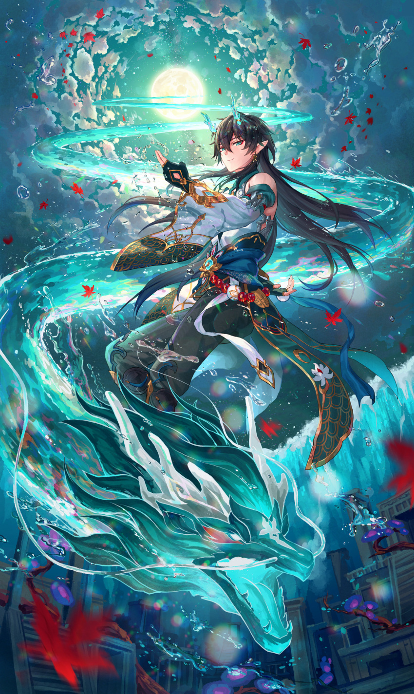 1boy aqua_eyes aqua_horns autumn_leaves bare_shoulders belt black_collar black_gloves black_hair black_pants blue_sash bubble chinese_commentary city closed_mouth clouds cloudy_sky collar collared_shirt commentary_request dan_heng_(honkai:_star_rail) dan_heng_(imbibitor_lunae)_(honkai:_star_rail) detached_sleeves dragon dragon_horns earrings eastern_dragon floral_print full_body full_moon gloves gold_earrings hebbtia high_collar highres honkai:_star_rail honkai_(series) horns jewelry long_hair long_sleeves looking_at_viewer male_focus moon night night_sky official_alternate_costume outstretched_arm pants partially_fingerless_gloves pointy_ears red_belt sash shirt sky smile solo very_long_hair waist_sash water_drop_hair_ornament white_shirt white_sleeves wide_sleeves
