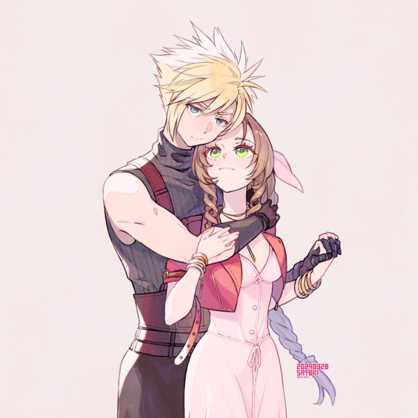 1boy 1girl aerith_gainsborough arm_around_neck artist_name bangle belt black_gloves blonde_hair blue_eyes blue_shirt bracelet braid braided_ponytail breasts brown_belt brown_hair buttons cha_niao_(strxscs) choker closed_mouth cloud_strife couple cropped_jacket dated dress final_fantasy final_fantasy_vii final_fantasy_vii_rebirth final_fantasy_vii_remake gloves green_eyes hair_between_eyes hair_ribbon hand_on_another's_arm hetero holding_hands hug hug_from_behind interlocked_fingers jacket jewelry medium_breasts multiple_belts parted_bangs pink_dress pink_ribbon red_jacket ribbon ribbon_choker shirt short_hair short_sleeves sidelocks single_bare_shoulder single_braid sleeveless sleeveless_turtleneck spiky_hair suspenders turtleneck upper_body wavy_hair