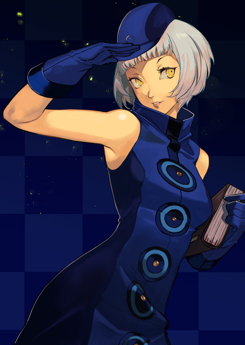 1girl absurdres alwaysregg bare_shoulders blue_gloves book breasts dress elizabeth_(persona) gloves grey_hair hat highres holding holding_book medium_breasts persona persona_3 salute short_hair sleeveless sleeveless_dress smile solo yellow_eyes