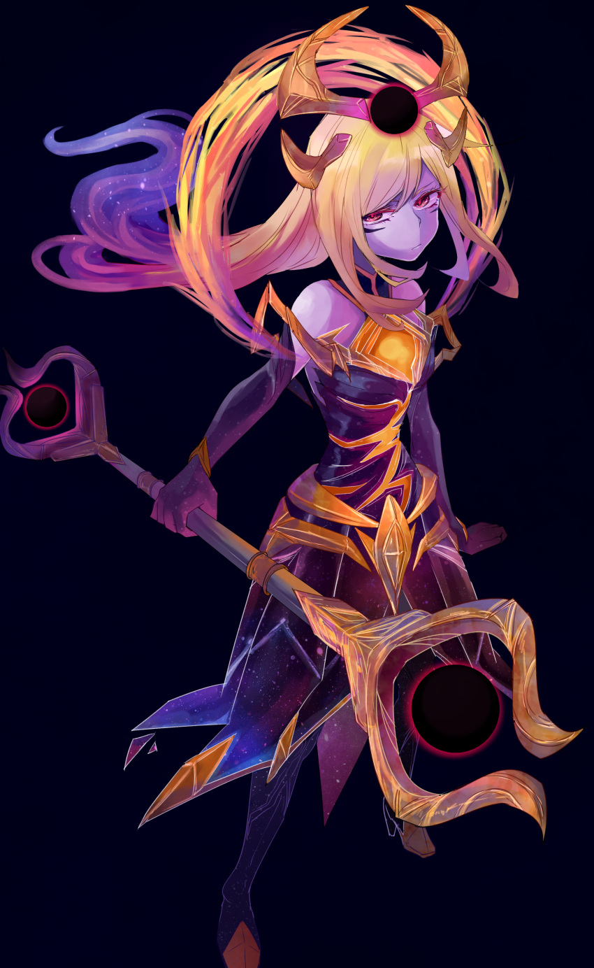 1girl absurdres black_dress blonde_hair closed_mouth colored_skin dress eyelashes facial_mark full_body highres holding holding_staff horns league_of_legends long_hair lux_(league_of_legends) purple_skin red_eyes shimatta solo staff standing unamused very_long_hair