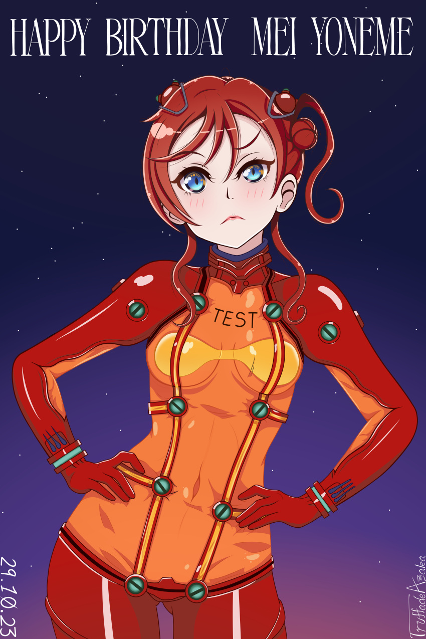 1girl absurdres artist_name blue_eyes blush bodysuit character_name closed_mouth commentary cosplay dated english_commentary frown gradient_background hair_bun hands_on_own_hips happy_birthday highres leaning_to_the_side looking_at_viewer love_live! love_live!_superstar!! neon_genesis_evangelion plugsuit raised_eyebrow red_bodysuit redhead single_side_bun solo souryuu_asuka_langley souryuu_asuka_langley_(cosplay) standing test_plugsuit truffadeazalea upper_body yoneme_mei