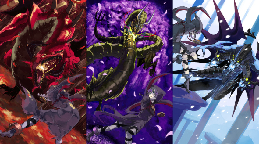 1girl 3others ankle_cuffs bell blizzard_king blue_eyes blue_sclera boss_fight bound bound_arms braid chain cloak colored_sclera commentary cuffs curse_maker death_flag dragon eastern_dragon extra_eyes facing_another falling_leaves falling_petals fangs fleeing forest great_dragon_(sekaiju_no_meikyuu) hood horns leaf long_hair multiple_heads multiple_others nature petals purple_hair red_eyes scales sekaiju_no_meikyuu shackles snowing spikes storm_emperor toritori western_dragon wings yellow_eyes