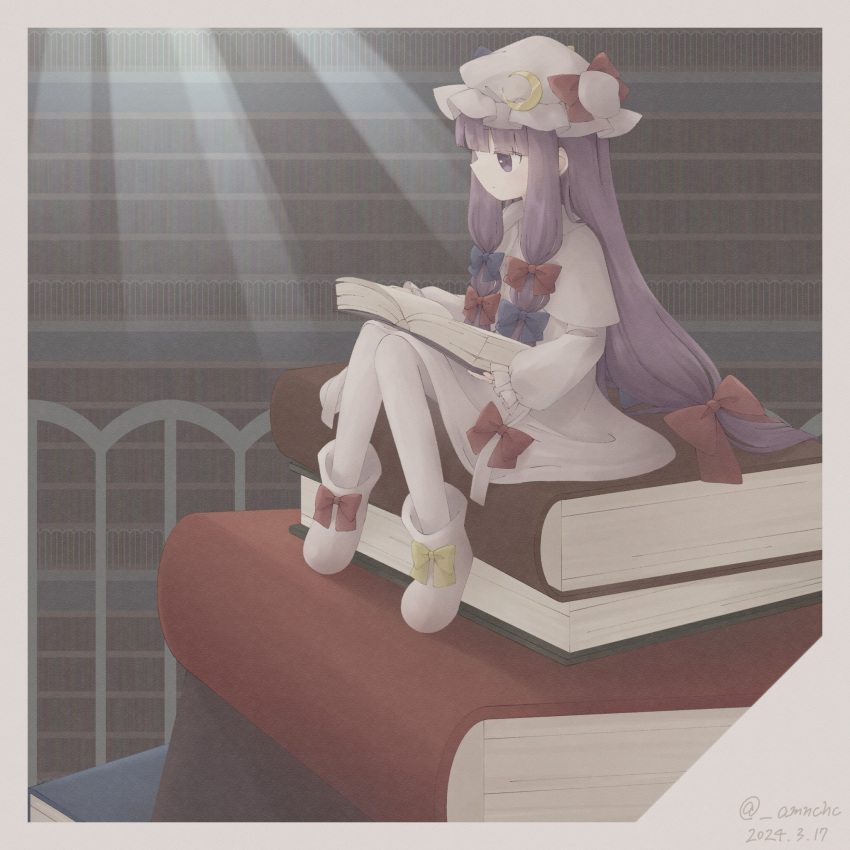 1girl amano_choco blunt_bangs book book_stack bookshelf boots bow capelet crescent crescent_hat_ornament dress footwear_bow full_body hair_bow hat hat_bow hat_ornament highres holding holding_book library light_rays long_hair long_sleeves mini_person minigirl mob_cap multiple_hair_bows patchouli_knowledge purple_hair reading sitting solo sunlight touhou very_long_hair violet_eyes
