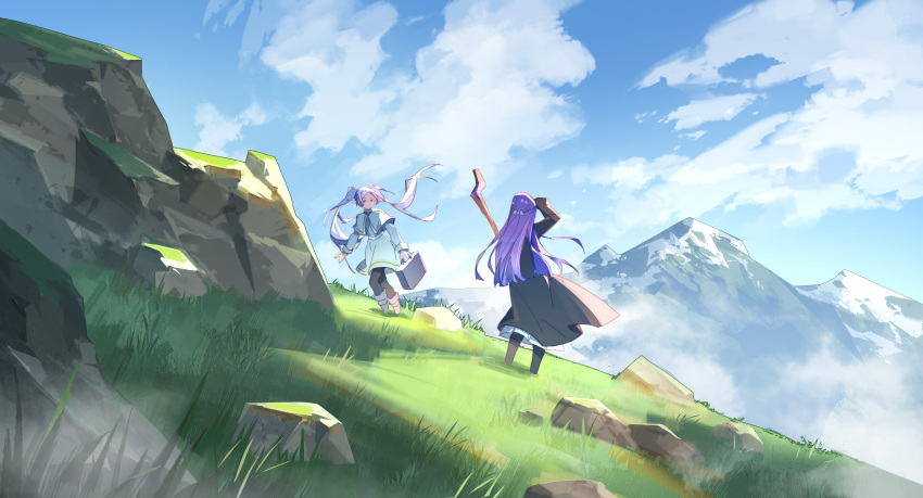 2girls absurdres beishang_yutou black_dress black_pantyhose blue_sky blunt_ends capelet chinese_commentary clouds commentary_request day dress elf fern_(sousou_no_frieren) floating_hair fog frieren grass half_updo hand_up highres holding holding_suitcase landscape mountain mountainous_horizon multiple_girls outdoors pantyhose pointy_ears purple_hair rock scenery sky sousou_no_frieren standing suitcase twintails white_capelet white_dress white_footwear white_hair wide_shot wind
