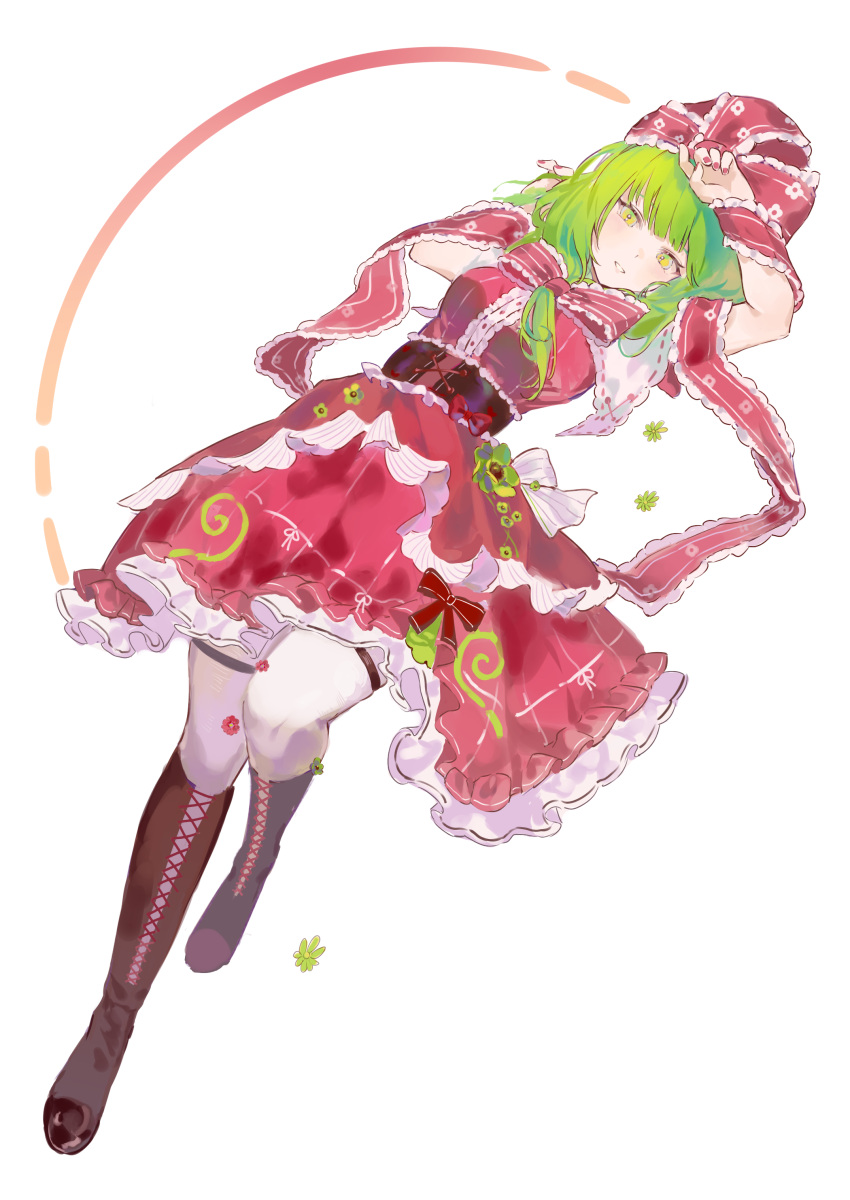 1girl absurdres arms_up boots bow brown_footwear center_frills commentary_request commission cross-laced_footwear dress frilled_ribbon frilled_skirt frills front_ponytail full_body green_eyes green_hair highres kagiyama_hina long_hair looking_at_viewer parted_lips pfallen pixiv_commission red_bow red_dress red_nails red_ribbon ribbon skirt smile solo thigh_strap touhou