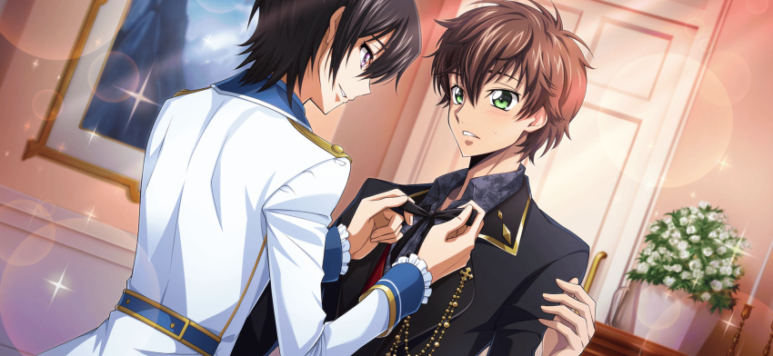 2boys adjusting_another's_clothes arm_at_side artist_request black_hair black_jacket black_ribbon blurry blush bokeh brown_hair candle code_geass code_geass:_lost_stories collared_shirt depth_of_field door dutch_angle eye_contact flower game_cg gold_trim green_eyes grey_shirt hair_between_eyes hand_up hands_up happy highres indoors jacket kururugi_suzaku lelouch_vi_britannia light_blush long_sleeves looking_at_another male_focus multiple_boys neck_ribbon non-web_source official_art painting_(object) parted_lips picture_frame plant potted_plant ribbon rose shirt short_hair sidelocks smile sparkle standing sweat teeth upper_body violet_eyes white_flower white_jacket white_rose