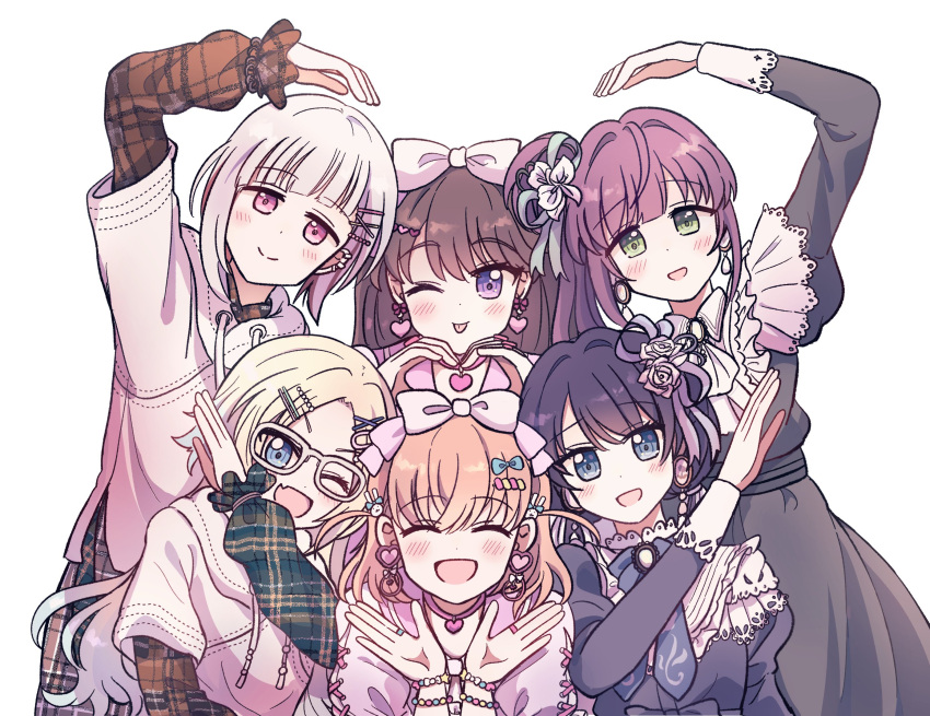 6+girls ;p asymmetrical_bangs bespectacled black_dress blonde_hair blue_eyes blue_hair blush bow brown_hair closed_eyes closed_mouth colorfulness_(love_live!) commentary_request dress ear_piercing earrings facing_viewer fang fujishima_megumi glasses green_eyes grey_hair hair_bow hair_ornament hairclip happy_shijoushugi!_(love_live!) heart heart_arms_quartet heart_earrings heart_hands highres hinoshita_kaho jacket jewelry link!_like!_love_live! long_hair long_sleeves looking_at_viewer love_live! multiple_girls murano_sayaka one_eye_closed open_mouth orange_hair osawa_rurino otomune_kozue parted_bangs piercing pink_bow pink_dress pink_eyes plaid plaid_shirt pleasure_feather_(love_live!) purple_dress purple_hair shirt short_hair side_ponytail skin_fang smile swept_bangs tongue tongue_out upper_body violet_eyes virtual_youtuber watagemodoki white-framed_eyewear white_background white_jacket yugiri_tsuzuri