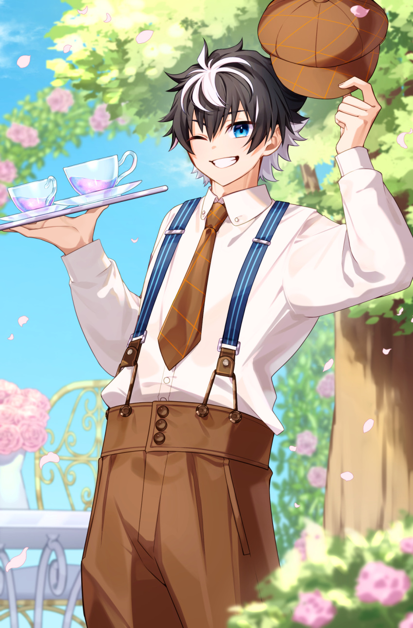 1boy black_hair blue_eyes blue_sky brown_hat brown_necktie brown_pants buttons cabbie_hat chair charlemagne_(fate) collared_shirt commentary_request fate/grand_order fate_(series) flower grin hair_between_eyes hat highres holding holding_clothes holding_hat holding_tray long_sleeves looking_at_viewer male_focus multicolored_hair necktie official_alternate_costume one_eye_closed pants petals pink_flower pink_rose pointy_hair rose sakuraike shirt short_hair sky smile solo streaked_hair suspenders table teeth tray tree two-tone_hair unworn_hat unworn_headwear white_hair white_shirt