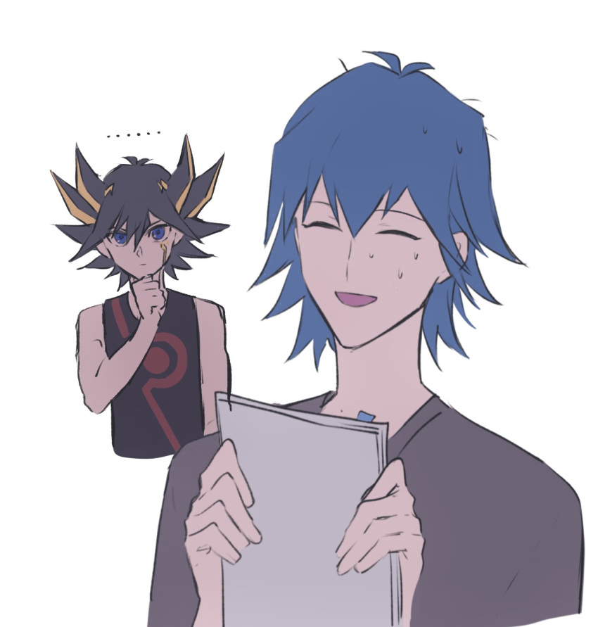 ... 2boys alternate_costume bad_id bad_lofter_id black_hair black_tank_top blue_eyes blue_hair bruno_(yu-gi-oh!) closed_eyes cropped_torso expressionless flat_color fudo_yusei grey_shirt hand_on_own_chin hand_up hands_up highres holding holding_paper male_focus multicolored_hair multiple_boys naoki_(2rzmcaizerails6) nervous_smile no_jacket open_mouth paper shirt short_hair simple_background smile spiky_hair streaked_hair sweat tank_top upper_body white_background yu-gi-oh! yu-gi-oh!_5d's