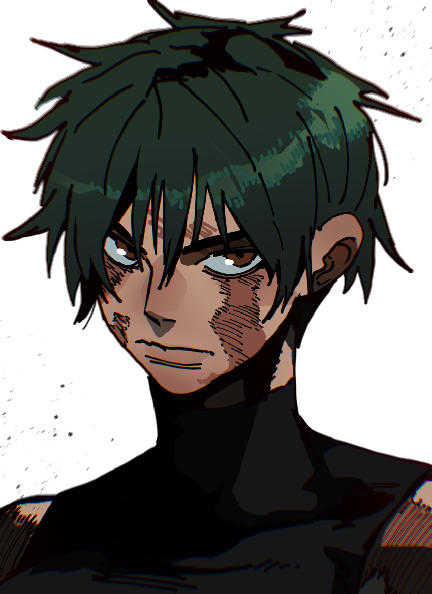1girl absurdres bare_shoulders black_shirt breasts brown_eyes burn_scar choppy_bangs chromatic_aberration closed_mouth covered_collarbone green_hair hair_between_eyes highres isaacchief300 jujutsu_kaisen looking_at_viewer messy_hair mismatched_eyebrows paint_splatter portrait scar scar_on_face scar_on_shoulder shirt short_hair simple_background solo turtleneck v-shaped_eyebrows white_background zen'in_maki