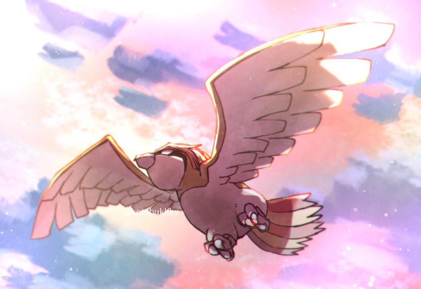 animal_focus bird closed_mouth clouds commentary_request flying from_below kotobukkii_(yt_lvlv) no_humans outdoors pidgeotto pokemon pokemon_(creature) sky solo talons