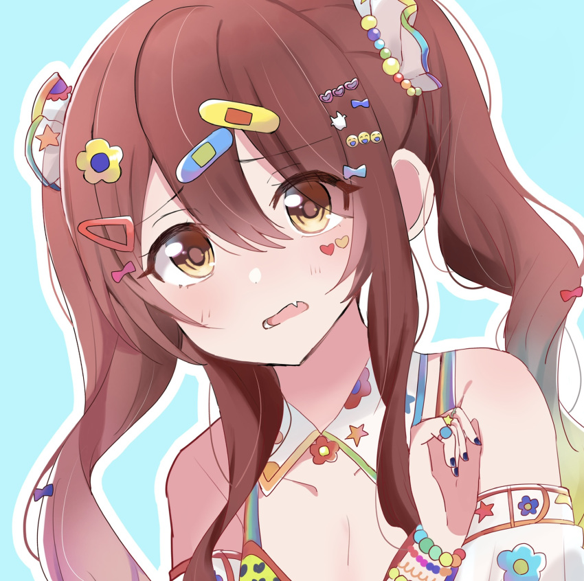 1girl blue_background blue_bow blue_nails bow bracelet brown_hair close-up emoji fang floral_print flower hair_between_eyes hair_bow hair_flower hair_ornament heart heart_hair_ornament heart_print highres idolmaster idolmaster_shiny_colors jewelry light_blush long_hair looking_at_viewer open_mouth orange_eyes osaki_tenka outline pink_bow red_flower ring solo star_(symbol) star_print white_outline xhfn4743