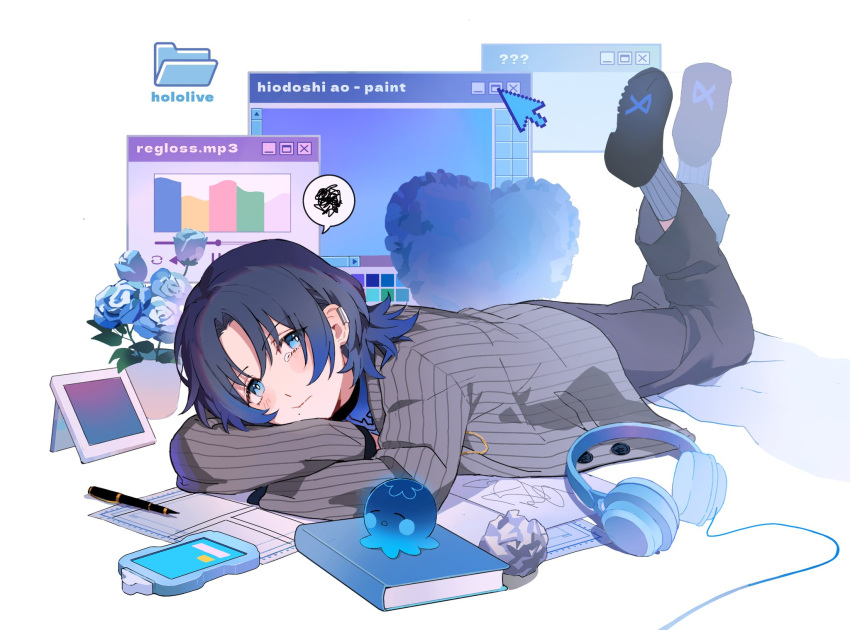 1girl black_footwear black_hair black_pants blue_eyes blue_flower blue_hair blue_rose blue_socks blush book bright_pupils cellphone character_name closed_mouth crumpled_paper cursor earclip feet_up flower gradient_hair grey_jacket headphones heart highres hiodoshi_ao hololive hololive_dev_is icon_(computing) jacket ktea_(kttt186) long_sleeves looking_at_viewer lying mole mole_under_mouth multicolored_hair nib_pen_(object) on_stomach pants paper pen phone plant potted_plant rose shoes short_hair smartphone socks solo striped_clothes striped_jacket suit_jacket tablet_pc tearing_up vertical-striped_clothes vertical-striped_jacket virtual_youtuber white_pupils window_(computing)
