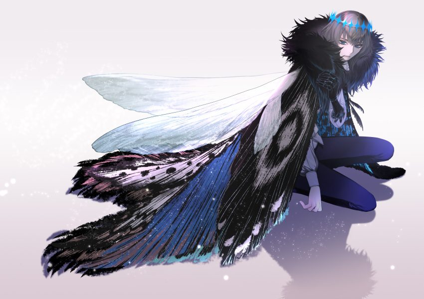1boy absurdres arthropod_boy black_hair blue_eyes bug cape cloak collared_shirt crown diamond_hairband dragonfly_wings fate/grand_order fate_(series) fur-trimmed_cape fur-trimmed_cloak fur_trim highres insect_wings long_sleeves looking_at_viewer male_focus oberon_(fate) oberon_(third_ascension)_(fate) official_alternate_hair_color original shirt short_hair simple_background solo white_shirt wing_cape wings
