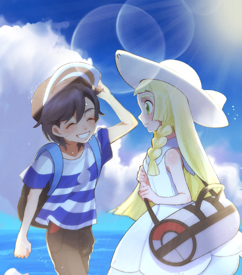 1boy 1girl aria_pkmn arm_up bag black_hair blonde_hair braid clenched_hand closed_eyes closed_mouth clouds commentary_request day dress duffel_bag elio_(pokemon) eyelashes green_eyes grin hat highres holding_strap lens_flare lillie_(pokemon) long_hair looking_at_another outdoors pants pokemon pokemon_sm shirt short_sleeves sky sleeveless sleeveless_dress smile sun_hat t-shirt teeth white_dress white_hat
