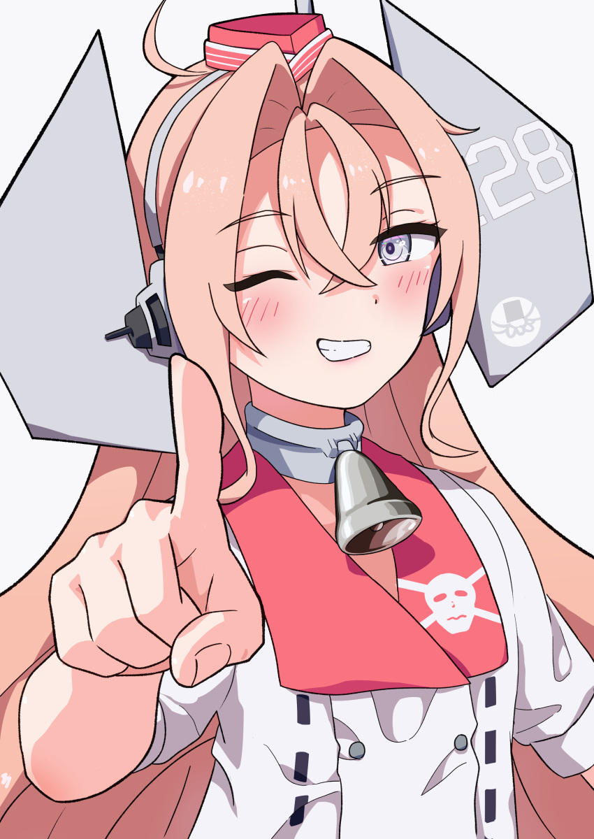 1girl absurdres bell blush crossed_bangs drum_(kancolle) grin hair_between_eyes hat headgear highres index_finger_raised jacket kantai_collection l_meet long_hair looking_at_viewer neck_bell one_eye_closed pink_hair simple_background skull_print smile solo upper_body violet_eyes