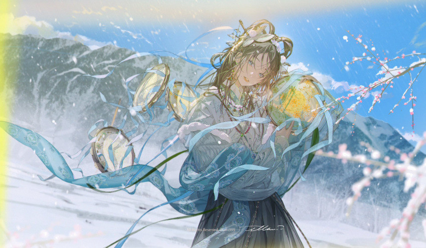 1girl artist_name blue_eyes blue_sky branch brown_hair clouds cowboy_shot earrings flower hair_flower hair_ornament highres holding illumi999 japanese_clothes jewelry long_hair looking_at_viewer mountain original outdoors parted_bangs parted_lips sidelocks sky smile snow solo standing wide_sleeves