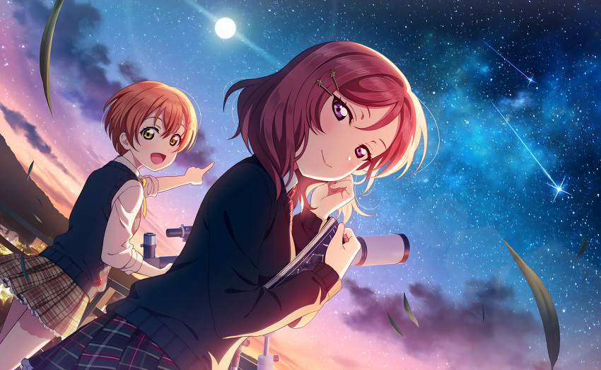 2girls :d absurdres argyle_clothes argyle_sweater_vest blush book clouds collared_shirt commentary dusk dutch_angle frilled_skirt frills green_eyes hair_between_eyes hair_ornament hairclip hairpin highres holding holding_book hoshizora_rin looking_at_viewer love_live! love_live!_school_idol_festival_2 love_live!_school_idol_project medium_hair moon multiple_girls neck_ribbon necktie nishikino_maki official_art open_mouth orange_hair outdoors plaid plaid_skirt pleated_skirt pointing red_necktie redhead ribbon school_uniform shirt shooting_star short_hair skirt sky smile standing star_(sky) starry_sky sweater sweater_vest telescope third-party_source violet_eyes white_shirt yellow_ribbon