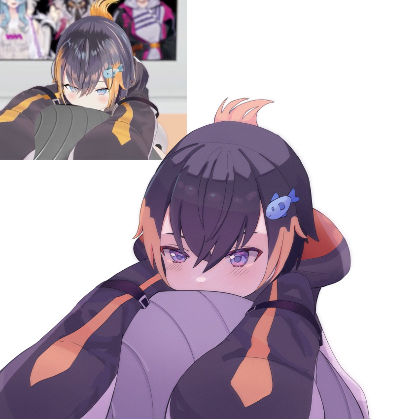 1girl ball black_hair blush english_commentary exercise_ball fish_hair_ornament genkibunko hair_between_eyes hair_ornament highres hood hoodie multicolored_hair nijisanji nijisanji_en petra_gurin petra_gurin_(1st_costume) reference_inset short_hair sleeves_past_fingers sleeves_past_wrists two-tone_hair violet_eyes white_background