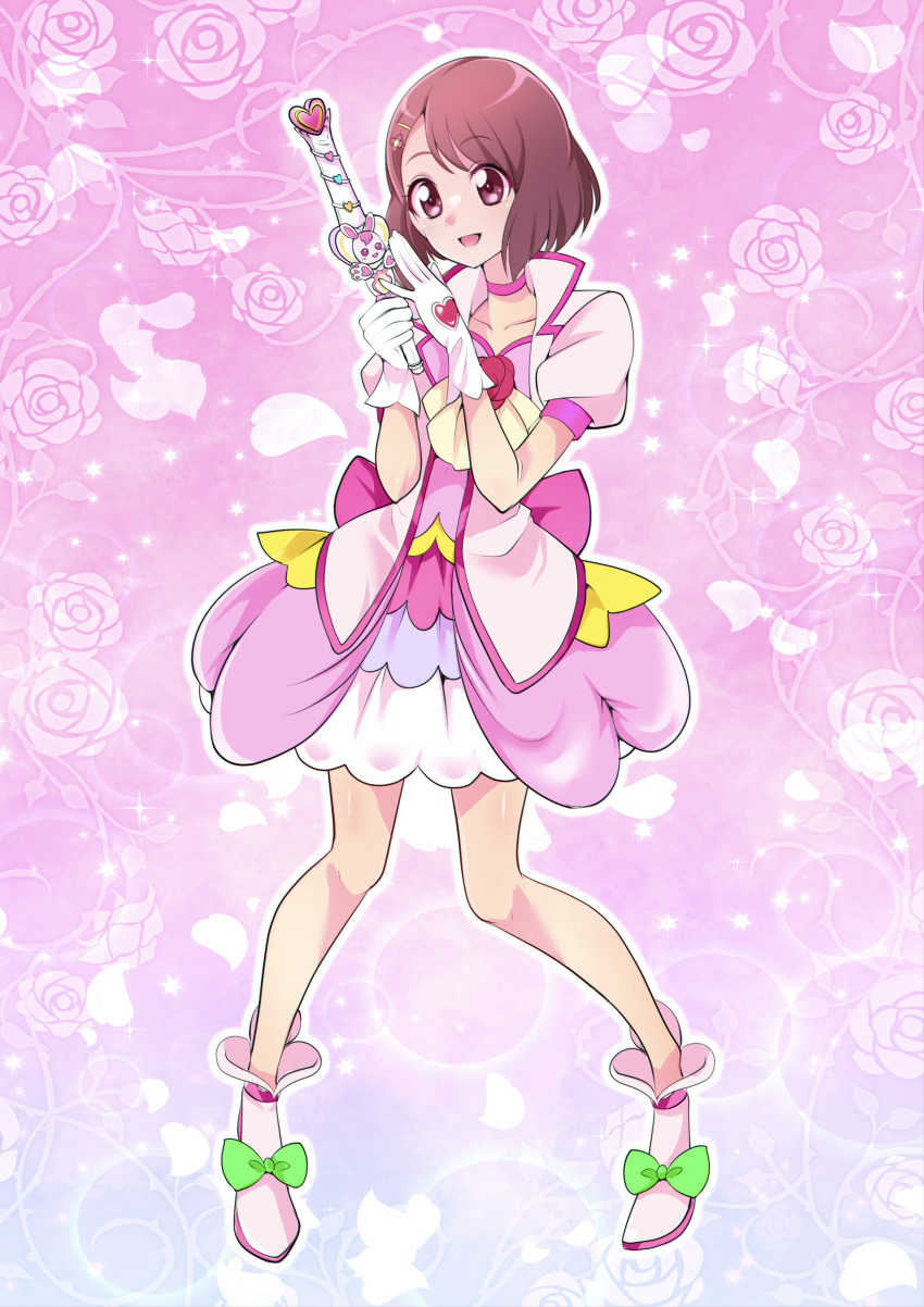 1girl absurdres ankle_boots back_bow bob_cut boots bow brown_hair choker commentary cure_grace dress floral_background full_body gloves hanadera_nodoka healin'_good_precure highres holding holding_wand jacket looking_to_the_side magical_girl medium_dress mitsuki_tayura open_mouth pink_background pink_bow pink_choker pink_dress pink_footwear pink_jacket precure puffy_short_sleeves puffy_sleeves short_sleeves smile solo standing violet_eyes wand white_gloves