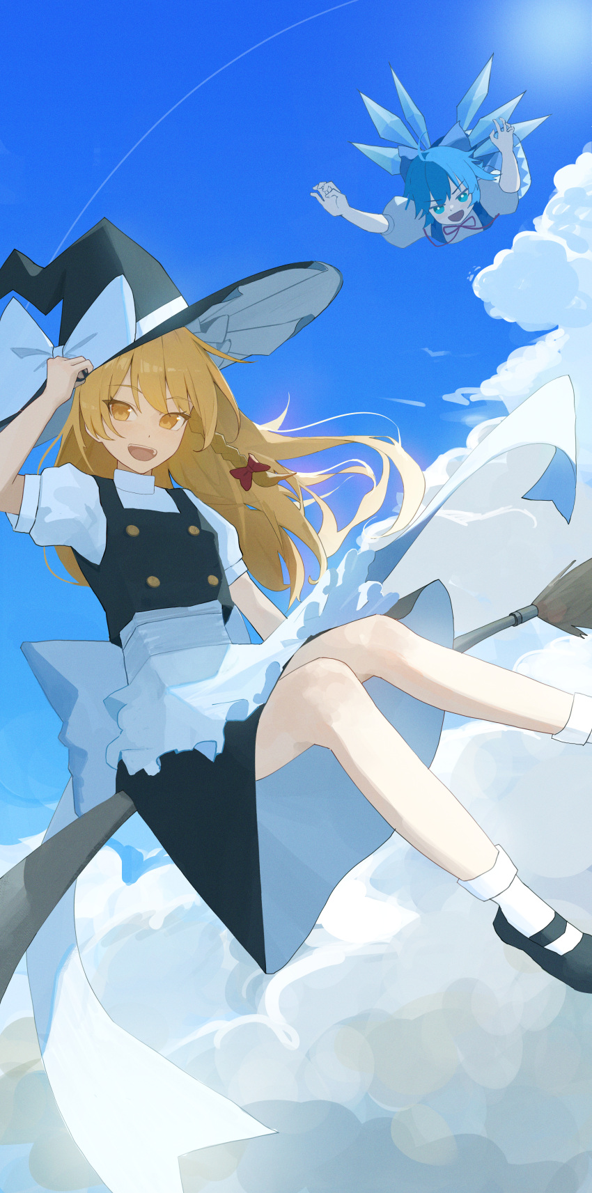 2girls absurdres apron black_footwear black_vest blonde_hair blue_bow blue_dress blue_eyes blue_hair blue_sky bow braid broom broom_riding cirno clouds day detached_wings dress flying hair_bow hand_on_headwear hat hat_bow highres ice ice_wings kirisame_marisa long_hair mary_janes multiple_girls neck_ribbon open_mouth palulap pinafore_dress puffy_short_sleeves puffy_sleeves red_bow red_ribbon ribbon shoes short_hair short_sleeves side_braid single_braid sky sleeveless sleeveless_dress smile socks touhou vest waist_apron white_apron white_bow white_socks wings witch_hat yellow_eyes