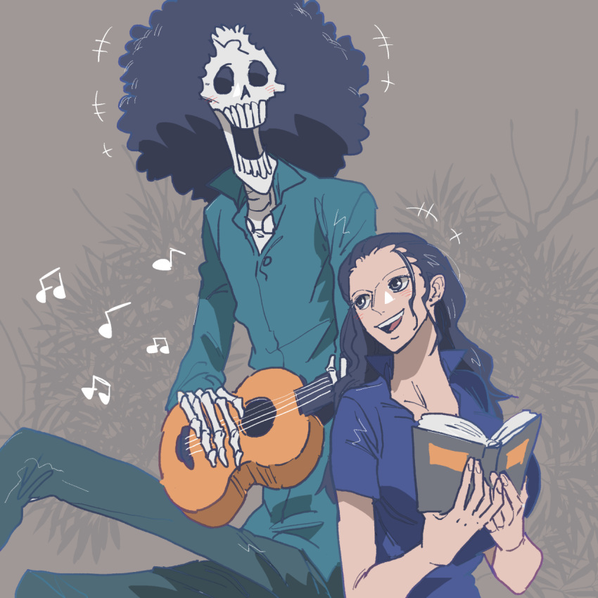 +++ 1boy 1girl afro blue_shirt book brook_(one_piece) collared_shirt commentary_request hair_slicked_back highres holding holding_book holding_instrument instrument laughing long_hair looking_at_another looking_up musical_note nico_robin one_piece shirt sidelocks sitting smile teeth tomatop ukulele upper_teeth_only